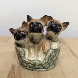 Vintage Lefton Japan Three Puppies in a Basket Figurine Dogs Boxers Pugs